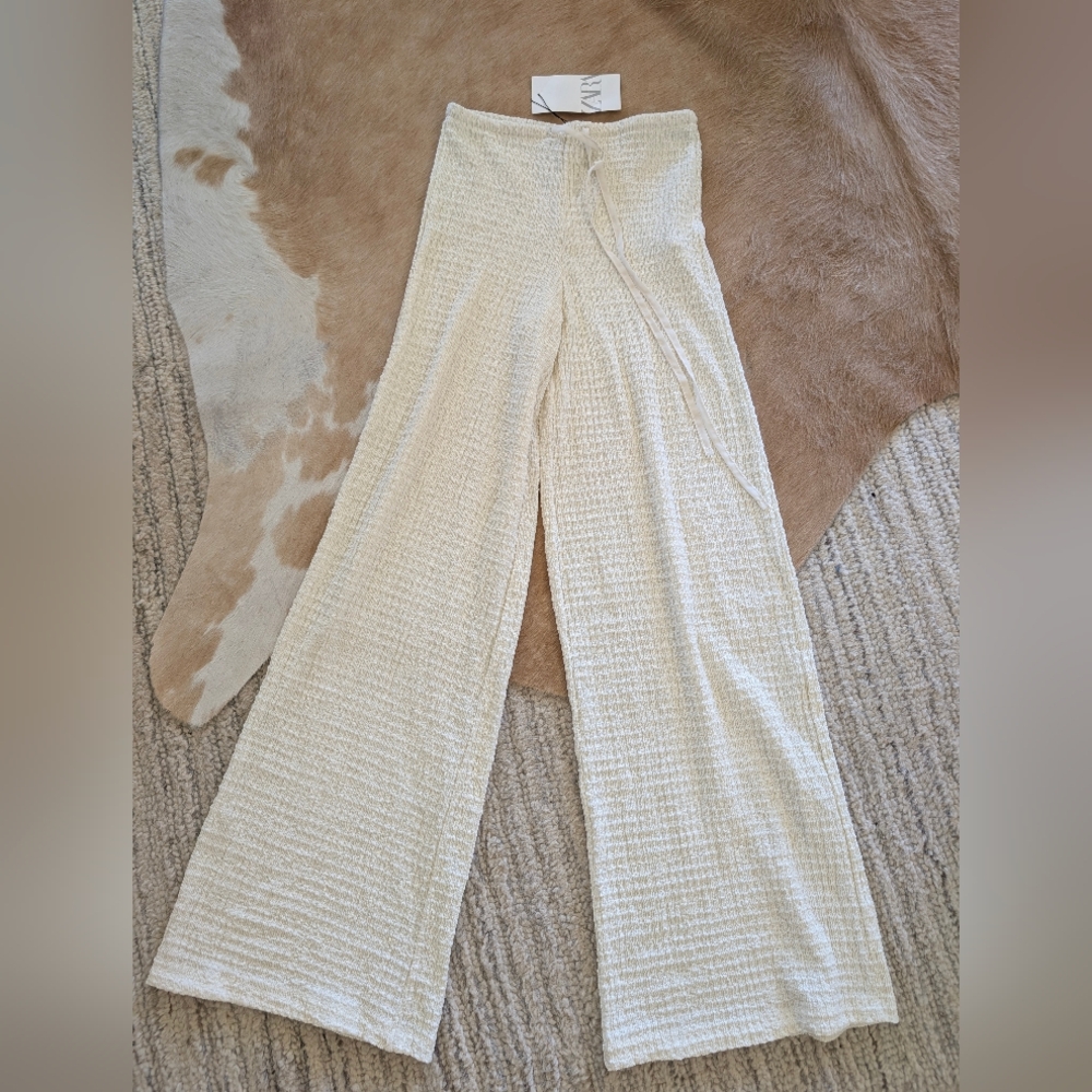 Zara Textured Cream Wide-Leg Lounge Pants